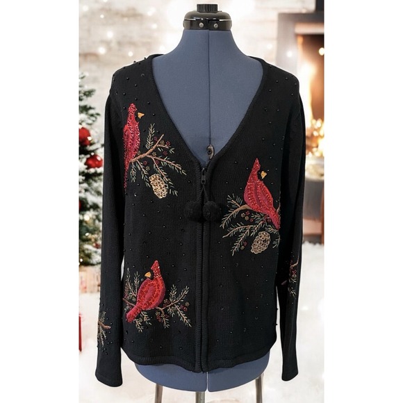 Tiara International Sweaters - VTG Tiara International Christmas Gay Cardinal Zip Cardigan Black Red Sequin XL